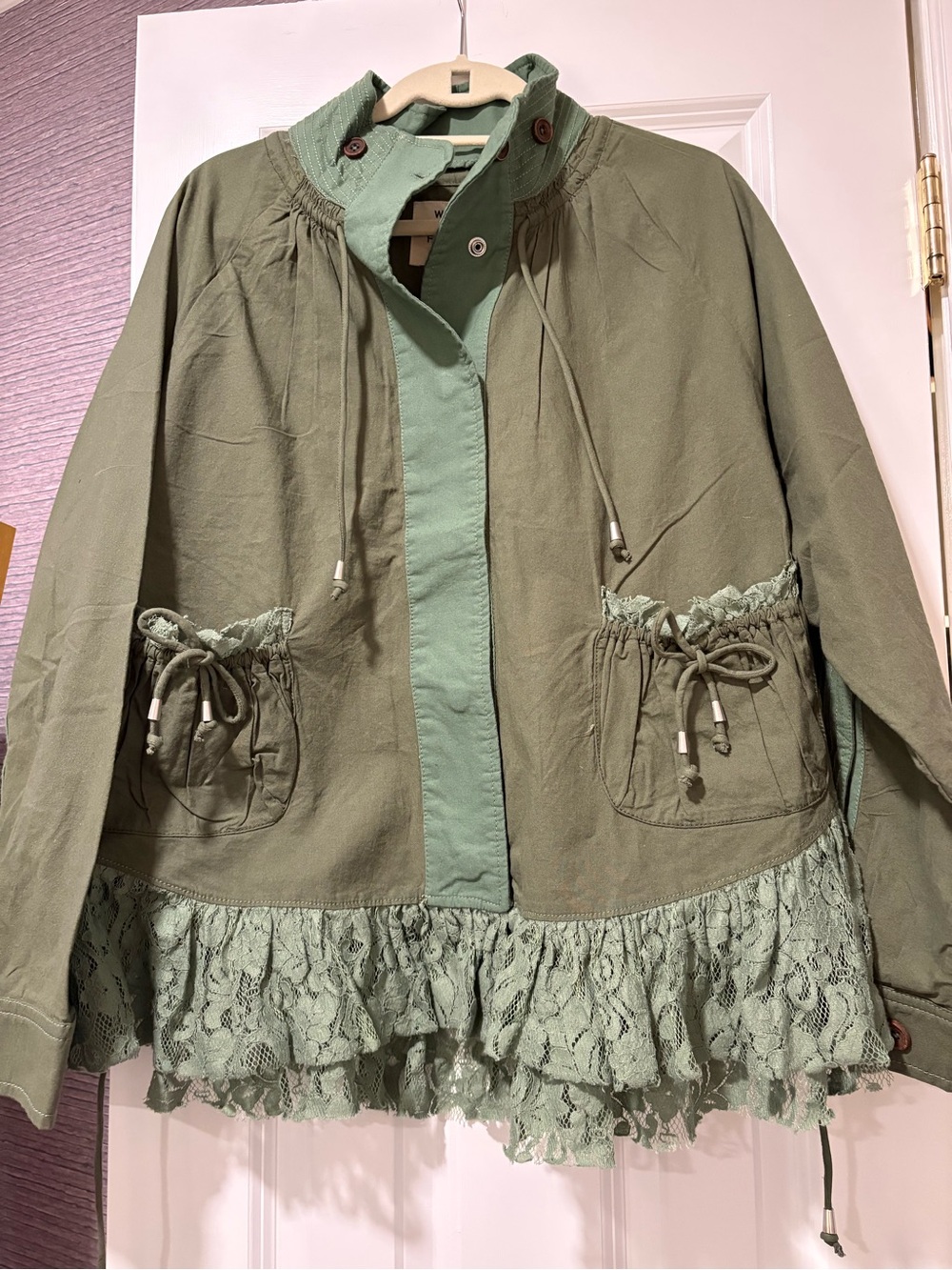 Free People Olive Sage Lace-Trim Utility Jacket